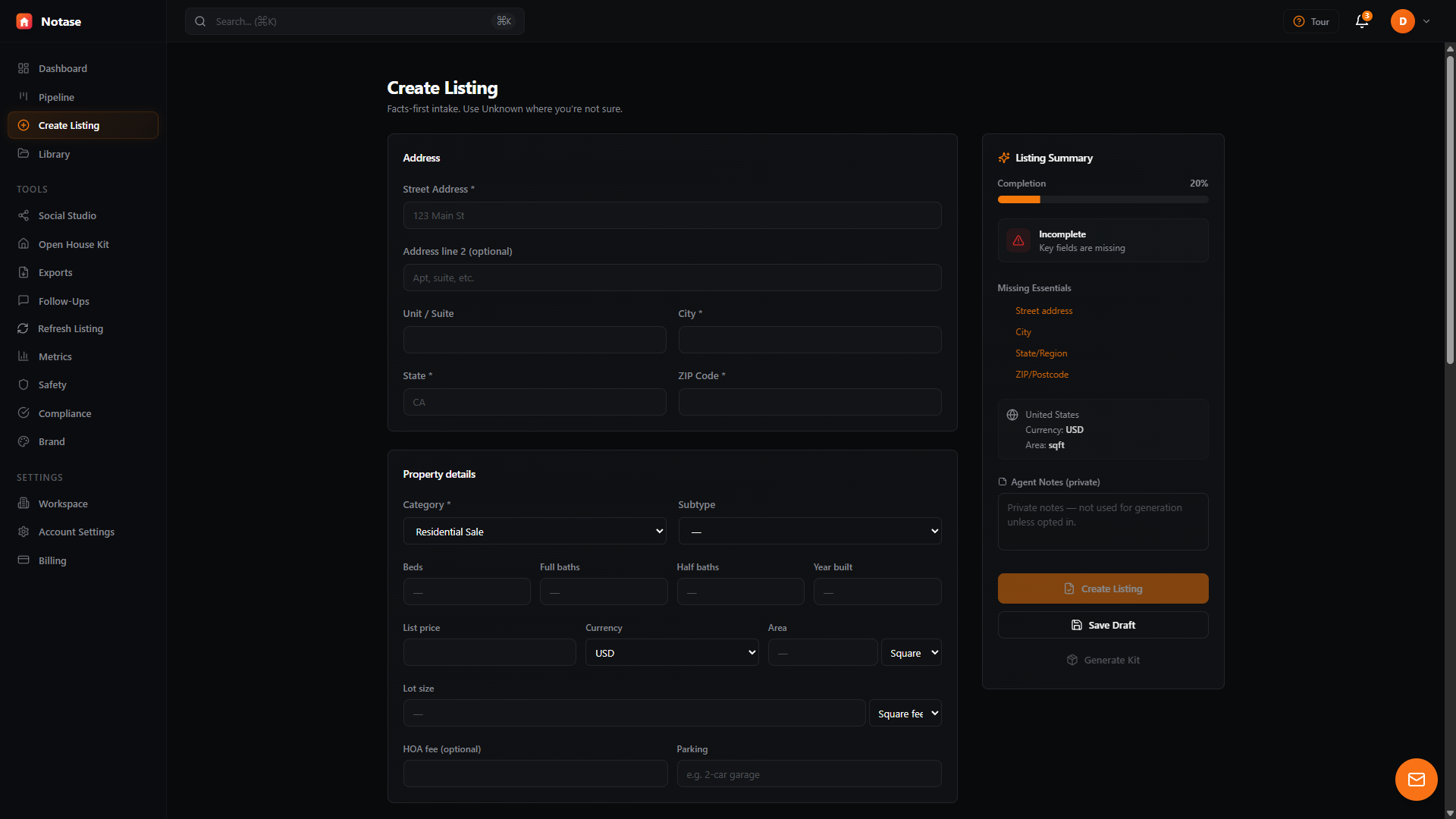 Notase Create Listing form with property details