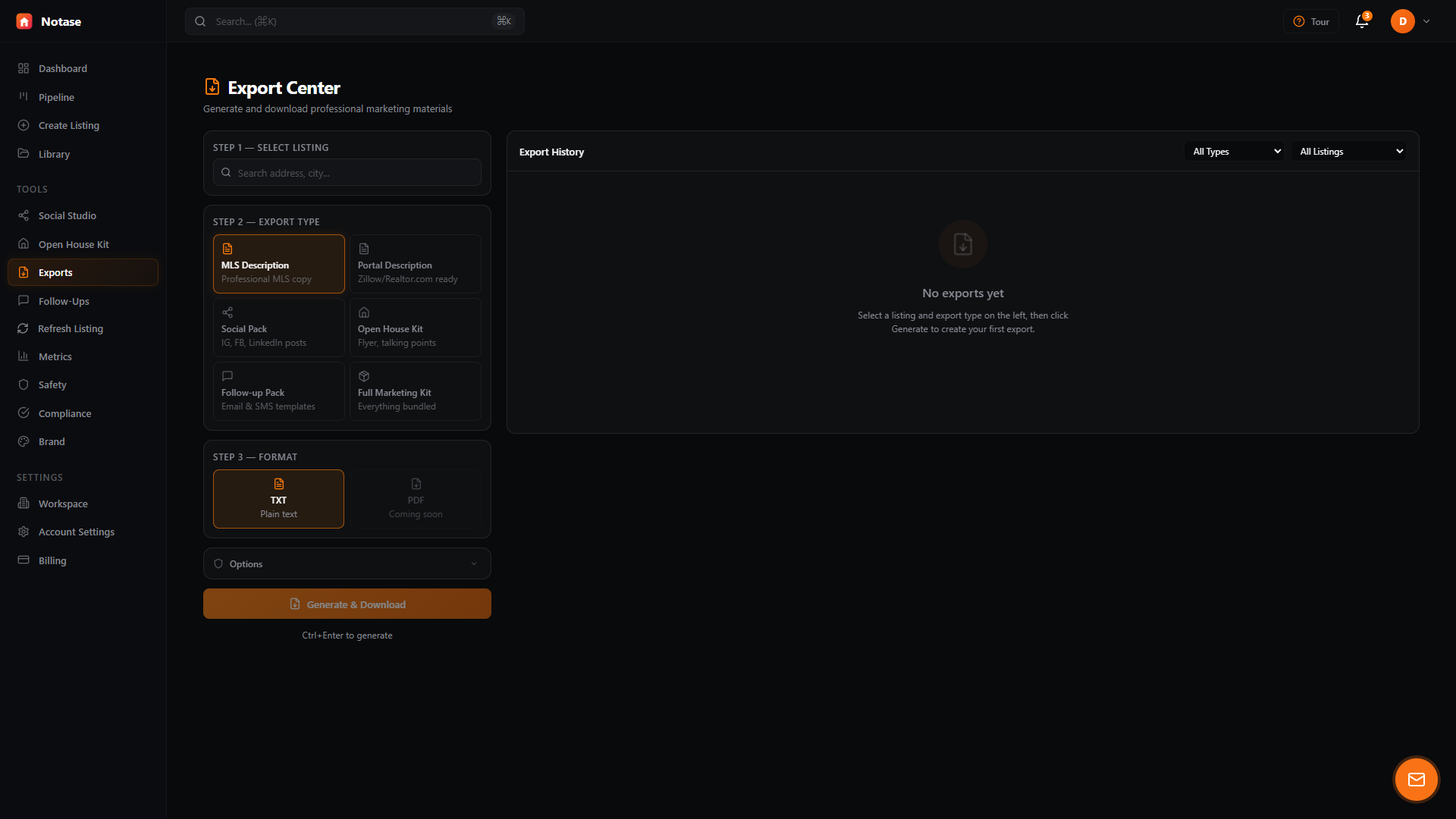 Notase Export Center for downloading marketing materials