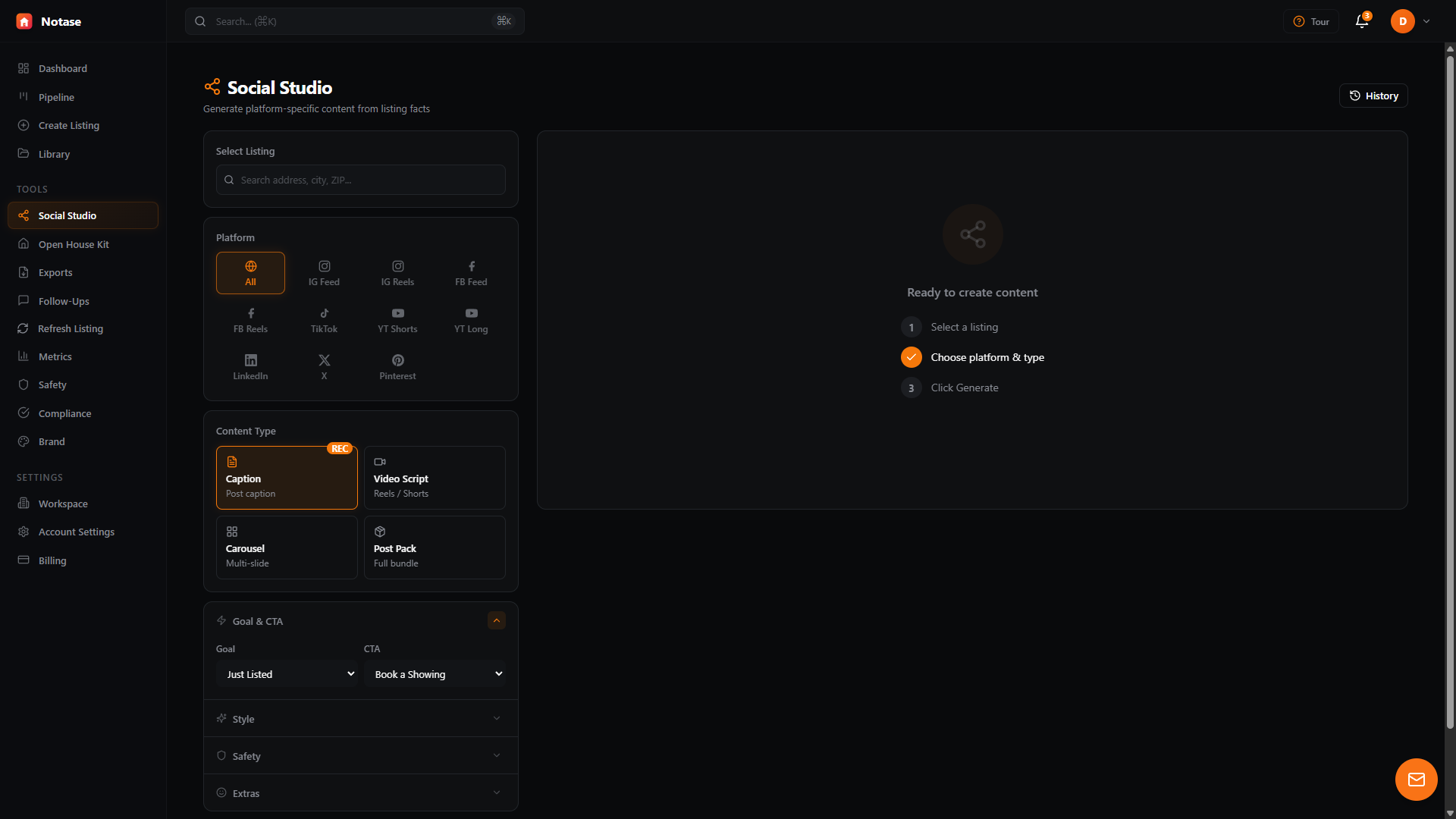 Notase Social Studio generating platform-specific content